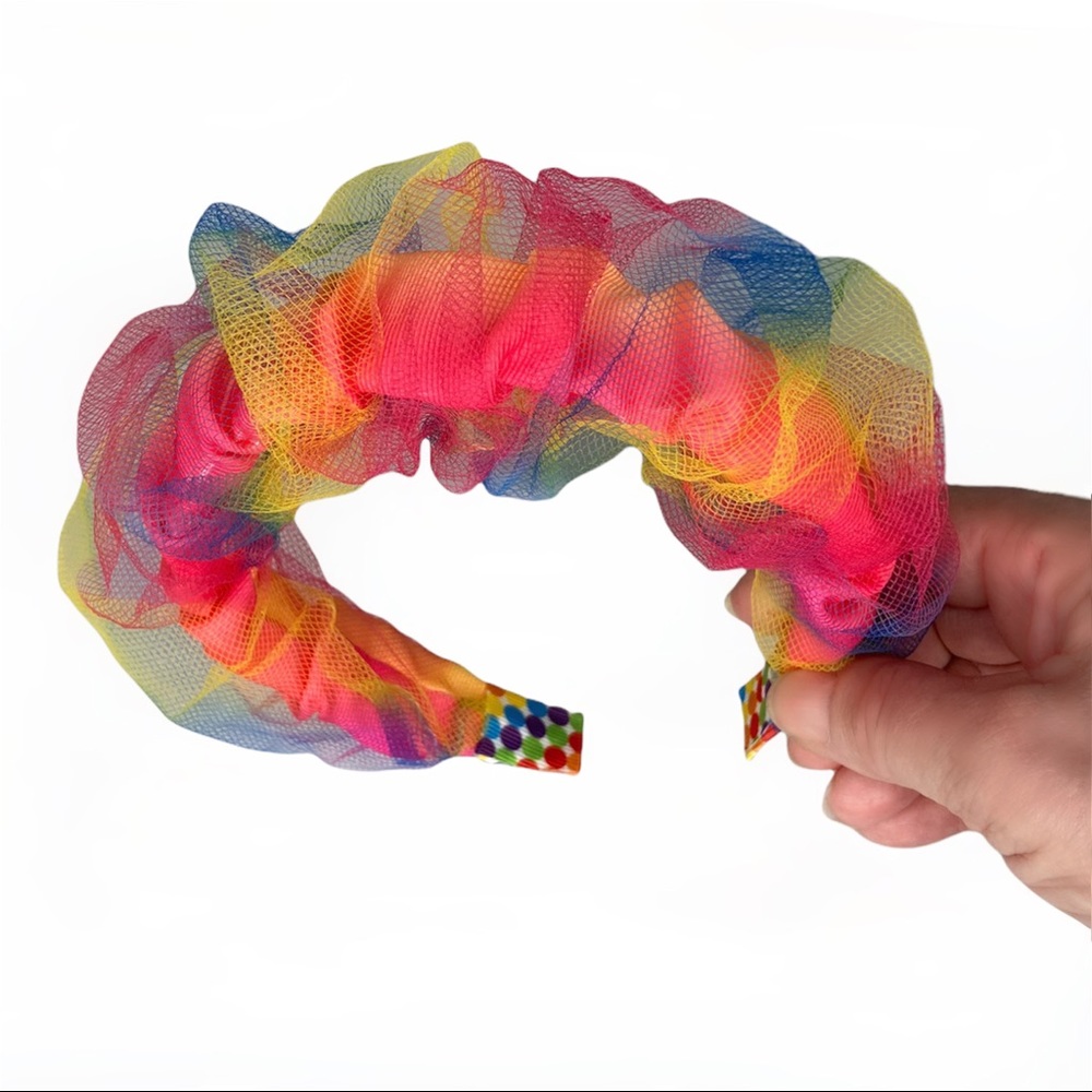 “Unicorn”/rainbow Scrunchie grosgrain headband with overlay organza